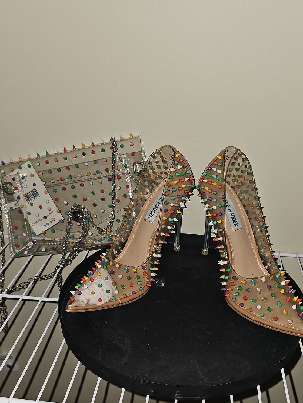 Steve Madden Multicolor Studded Clear Pointed Toe Stilettos With Matching Bag